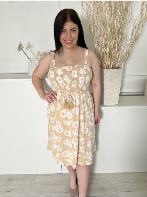 Damart (L) Barna Fehér Virágos, Felül Darázsolt Derékban Összehúzható, Megkötős Ruha