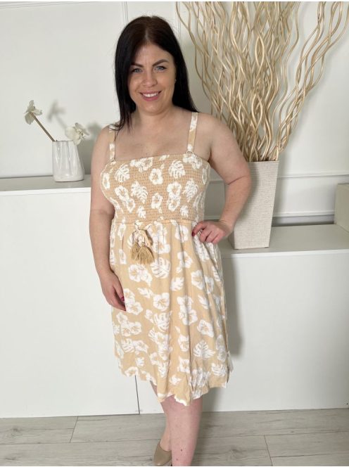 Damart (L) Barna Fehér Virágos, Felül Darázsolt Derékban Összehúzható, Megkötős Ruha