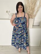 TU (L) Sötétkék Mintás, Pántos, 100% Pamut Szoknyarészben Díszgombos Ruha