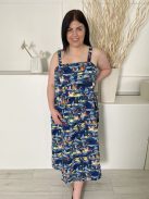 TU (L) Sötétkék Mintás, Pántos, 100% Pamut Szoknyarészben Díszgombos Ruha