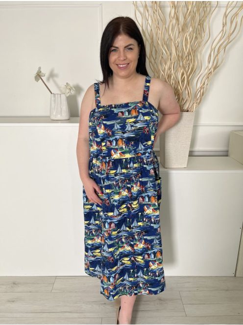 TU (L) Sötétkék Mintás, Pántos, 100% Pamut Szoknyarészben Díszgombos Ruha