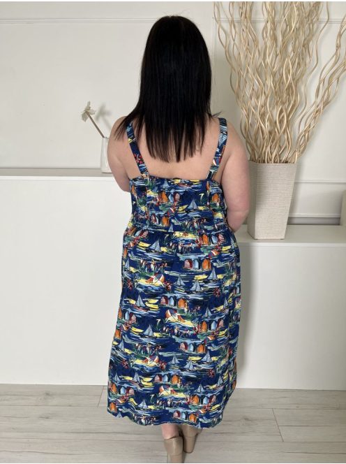 TU (L) Sötétkék Mintás, Pántos, 100% Pamut Szoknyarészben Díszgombos Ruha