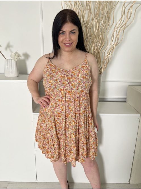 Primark (XL) Sárga Apró Színes Mintás, Fodros Aljú Mellnél Díszgombos, Pántos Ruha