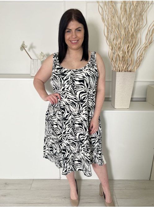 ÚJ George (XXL) Fehér Fekete Mintás, Anyagában Bordázott Zsebes, Pántos Ruha