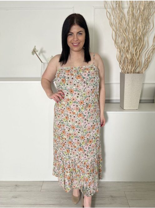 New Look (L) Krémszínű Színes Virágos, Fodros Szegélyű Pántos Ruha