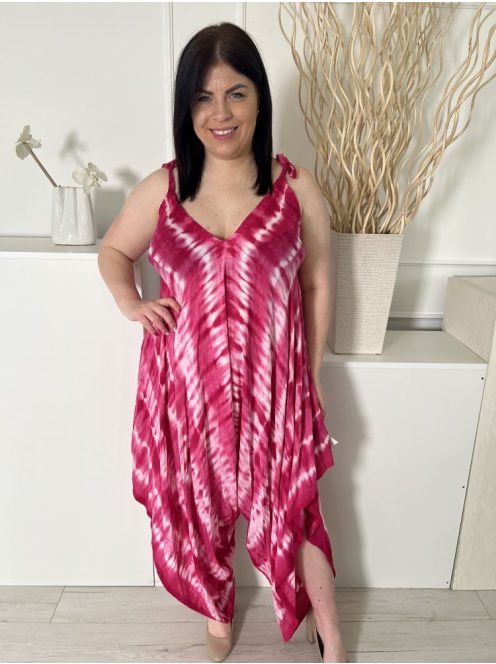 Isle Dream (XXL) Rózsaszín-Fehér Batikolt Mintás, Aszimmetrikus Alj Megköthető Pántú Overál