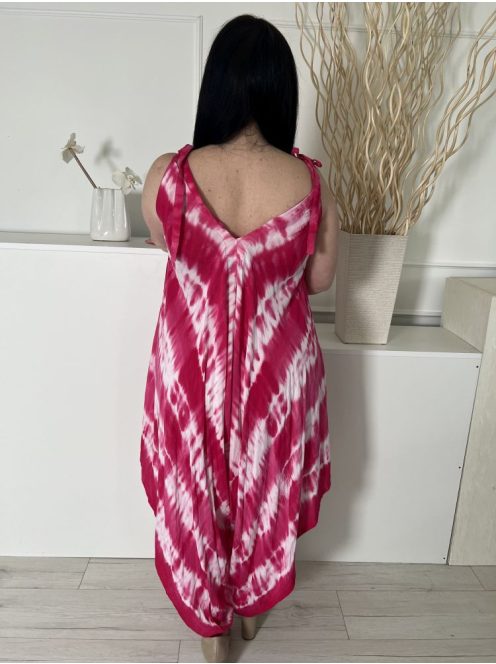 Isle Dream (XXL) Rózsaszín-Fehér Batikolt Mintás, Aszimmetrikus Alj Megköthető Pántú Overál