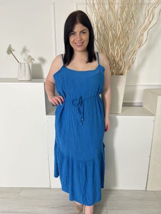   Nutmeg (XXL) Kék Anyagában Mintás, Derékban Megkötős Pántos, Fodros Aljú Ruha