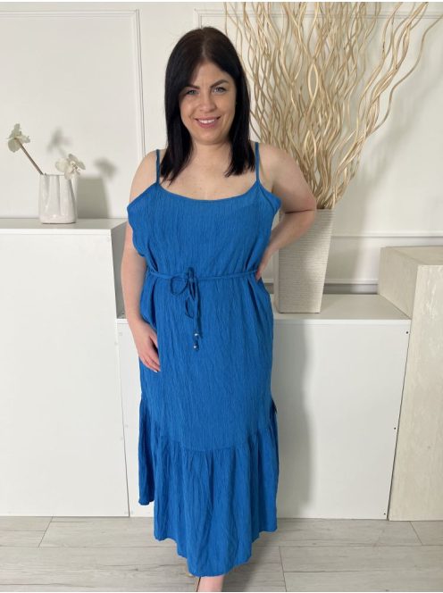 Nutmeg (XXL) Kék Anyagában Mintás, Derékban Megkötős Pántos, Fodros Aljú Ruha