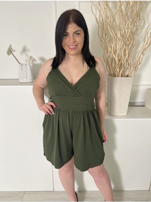  (XL) Khaki Anyagában Bordázott, Mellnél Átlapolt Gumisderekú, Állítható Pántú Overál