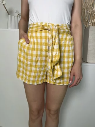   Bershka (S) Sárga Fehér Kockás, Hátul Gumisderekú, 43% Len Derékban Megkötős, Zsebes Rövidnadrág