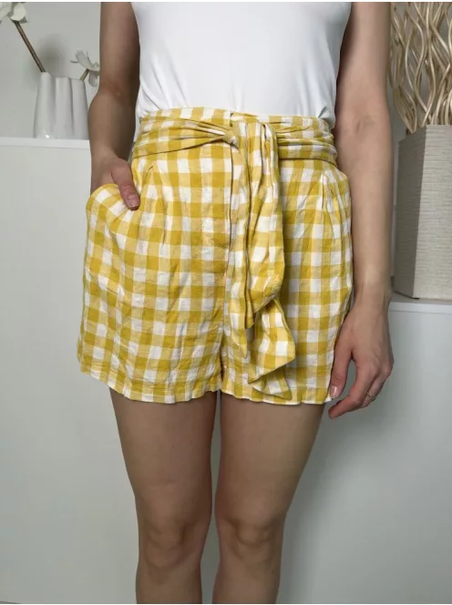 Bershka (S) Sárga Fehér Kockás, Hátul Gumisderekú, 43% Len Derékban Megkötős, Zsebes Rövidnadrág