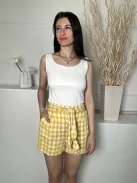 Bershka (S) Sárga Fehér Kockás, Hátul Gumisderekú, 43% Len Derékban Megkötős, Zsebes Rövidnadrág