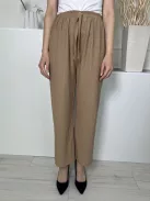  (S) Barna Anyagában Mintás, Gumisderekú Elől Díszmegkötős, Rugalmas Anyagú Nadrág