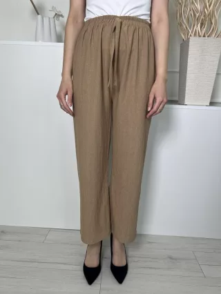    (S) Barna Anyagában Mintás, Gumisderekú Elől Díszmegkötős, Rugalmas Anyagú Nadrág