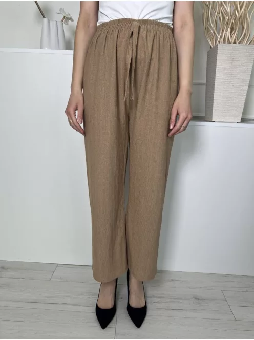  (S) Barna Anyagában Mintás, Gumisderekú Elől Díszmegkötős, Rugalmas Anyagú Nadrág