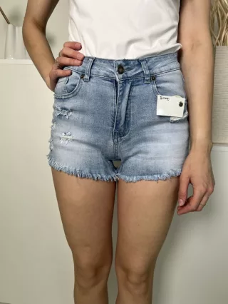   Jeans (S) Kék Elől Gombos, Zsebes Szaggatott, Rojtos Aljú, Farmer Rövidnadrág