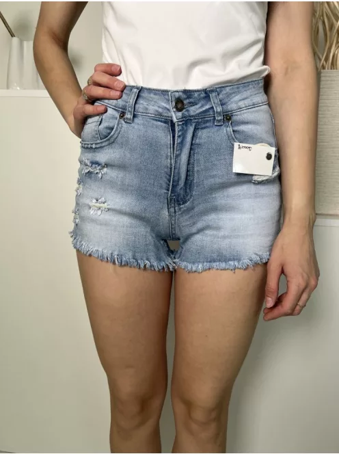 Jeans (S) Kék Elől Gombos, Zsebes Szaggatott, Rojtos Aljú, Farmer Rövidnadrág