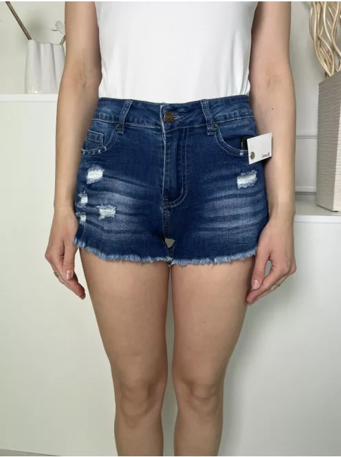 Jeans (S) Sötétkék Elől Gombos, Zsebes Koptatott, Szaggatott, Farmer Rövidnadrág