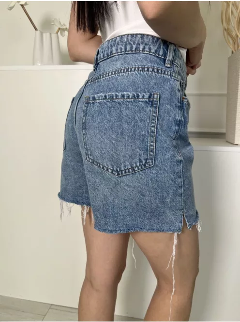 DenimCo (M) Kék Elől Gombos, Zsebes Koptatott, Rojtos Aljú, Farmer Rövidnadrág