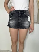 Jeans (S) Fekete Elől Gombos, Zsebes Koptatott, Rojtos Aljú, Farmer Rövidnadrág