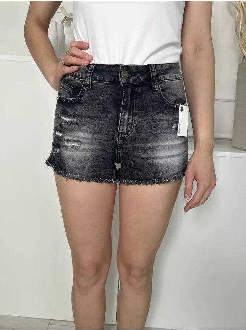 Jeans (S) Fekete Elől Gombos, Zsebes Koptatott, Rojtos Aljú, Farmer Rövidnadrág