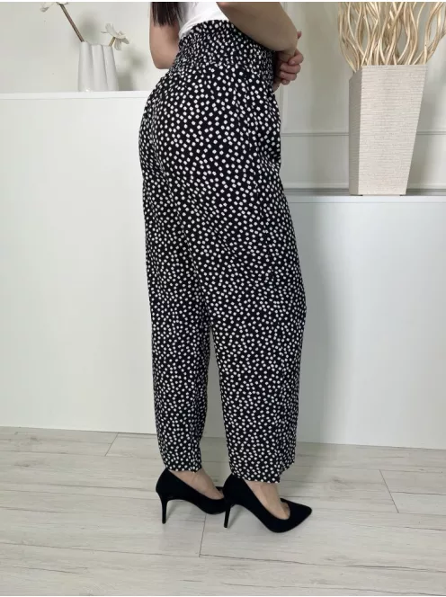  (S) Fekete Derékban Darázsolt Apró Fehér Virágos Nadrág