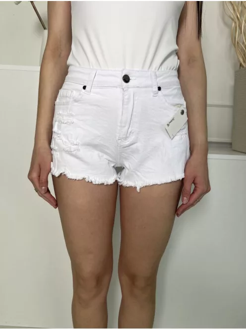 Jeans (S) Fehér Elől Gombos, Zsebes Szaggatott, Rojtos Aljú, Farmer Rövidnadrág