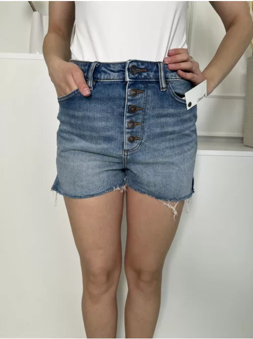 F&F (M) Kék Elől Gombos, Zsebes Koptatott, Rojtos Aljú, Farmer Rövidnadrág