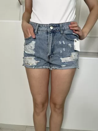   Shein (S) Világoskék Elől Gombos, Zsebes Szaggatott, Flitteres, Farmer Rövidnadrág