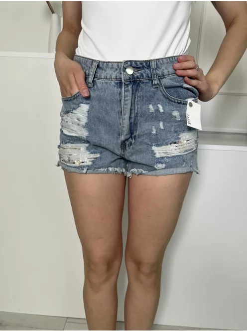 Shein (S) Világoskék Elől Gombos, Zsebes Szaggatott, Flitteres, Farmer Rövidnadrág