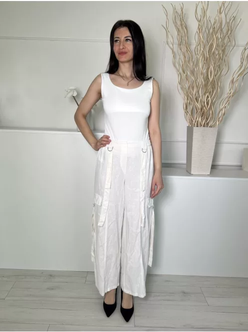 Bershka (M) Fehér 57% Len Alapanyagú, Hátul Gumisderekú Oldalt Zsebes, Enyhén Áttetsző Nadrág