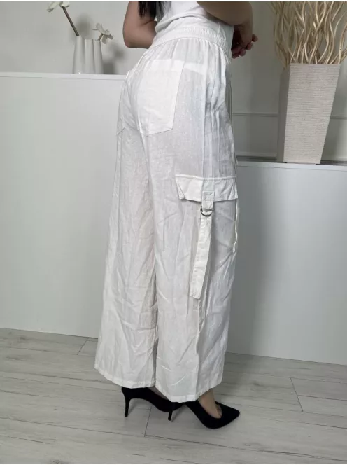 Bershka (M) Fehér 57% Len Alapanyagú, Hátul Gumisderekú Oldalt Zsebes, Enyhén Áttetsző Nadrág