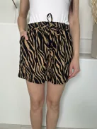 Next (M) Barna Fekete Mintás, Derékban Megkötős 55% Len Alapanyagú, Zsebes Rövidnadrág