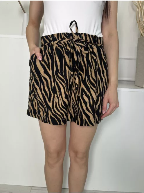 Next (M) Barna Fekete Mintás, Derékban Megkötős 55% Len Alapanyagú, Zsebes Rövidnadrág