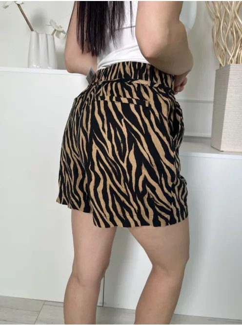 Next (M) Barna Fekete Mintás, Derékban Megkötős 55% Len Alapanyagú, Zsebes Rövidnadrág