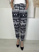  (M) Sötétkék Fehér Mintás, Gumisderekú Díszmegkötős, Darázsolt Aljú Nadrág