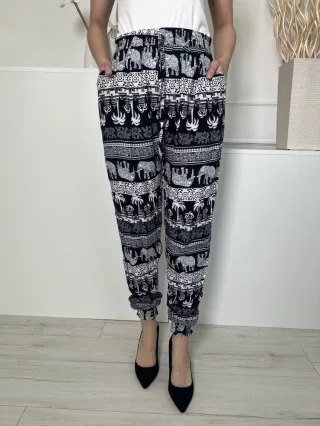    (M) Sötétkék Fehér Mintás, Gumisderekú Díszmegkötős, Darázsolt Aljú Nadrág