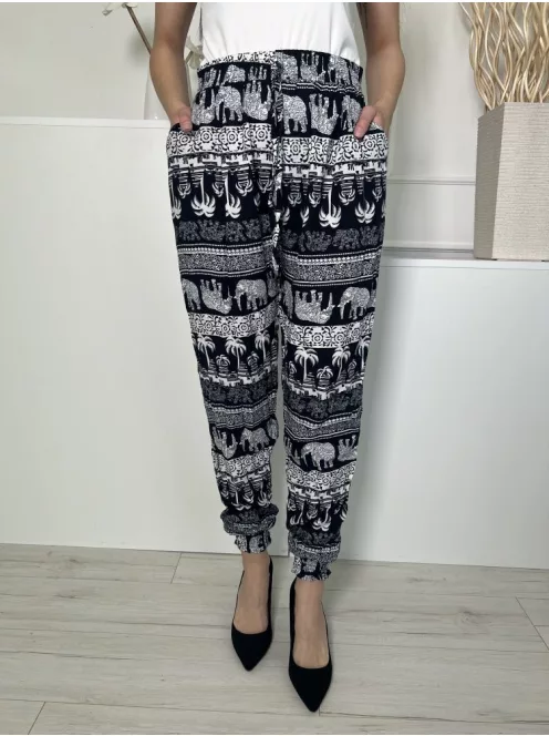  (M) Sötétkék Fehér Mintás, Gumisderekú Díszmegkötős, Darázsolt Aljú Nadrág