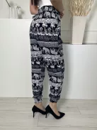  (M) Sötétkék Fehér Mintás, Gumisderekú Díszmegkötős, Darázsolt Aljú Nadrág