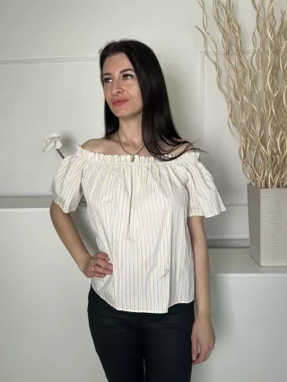   H&M (XS) Fehér Kék-Sárga Csíkos, Ejtett Fodros Vállú 100% Pamut Alapanyagú Felső