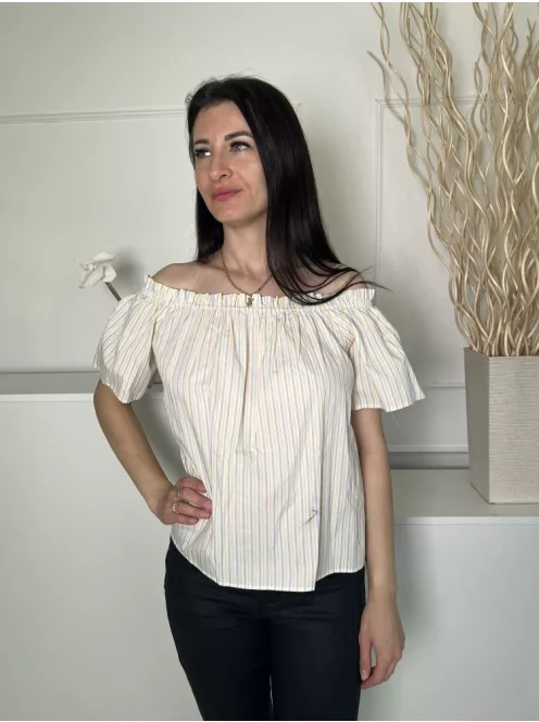 H&M (XS) Fehér Kék-Sárga Csíkos, Ejtett Fodros Vállú 100% Pamut Alapanyagú Felső