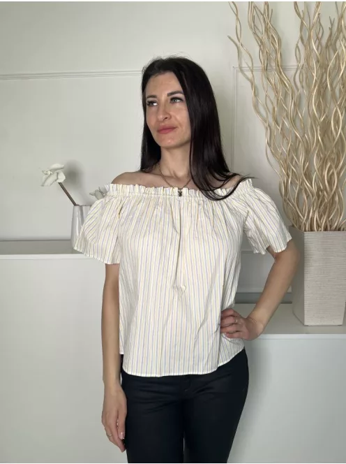 H&M (XS) Fehér Kék-Sárga Csíkos, Ejtett Fodros Vállú 100% Pamut Alapanyagú Felső