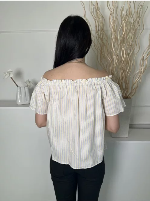 H&M (XS) Fehér Kék-Sárga Csíkos, Ejtett Fodros Vállú 100% Pamut Alapanyagú Felső