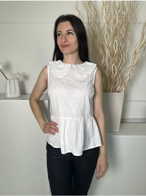 New Look (S) Fehér Hátul Nyakban Gombos, Galléros Fodros Aljú, 100% Pamut Felső