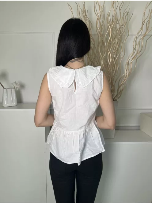 New Look (S) Fehér Hátul Nyakban Gombos, Galléros Fodros Aljú, 100% Pamut Felső