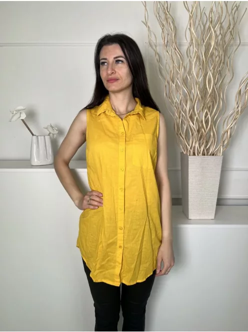 JD Williams (M) Sárga Elől Végig Gombos, Mellnél Zsebes 100% Pamut, Galléros, Hosszított Fazonú Felső