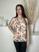 ÚJ Oasis (M) Világosbarna Színes Virágos, Hátul Nyakban Gombos Bélelt, Fodros Szegélyű Felső