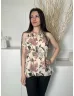   ÚJ Oasis (M) Világosbarna Színes Virágos, Hátul Nyakban Gombos Bélelt, Fodros Szegélyű Felső