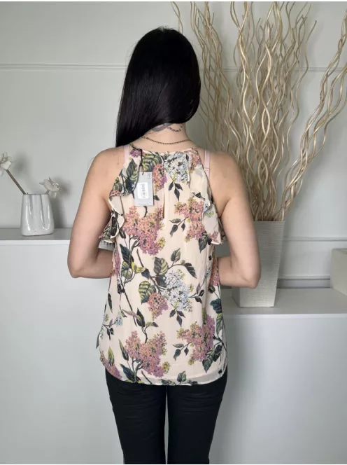 ÚJ Oasis (M) Világosbarna Színes Virágos, Hátul Nyakban Gombos Bélelt, Fodros Szegélyű Felső